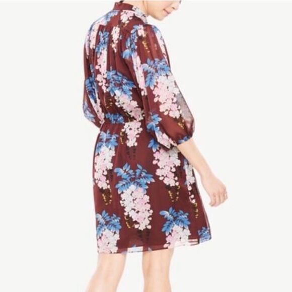 Ann Taylor Women’s Floral Tie Neck Shirt Dress Brown Pink Size‎ Small Petite - Picture 4 of 11